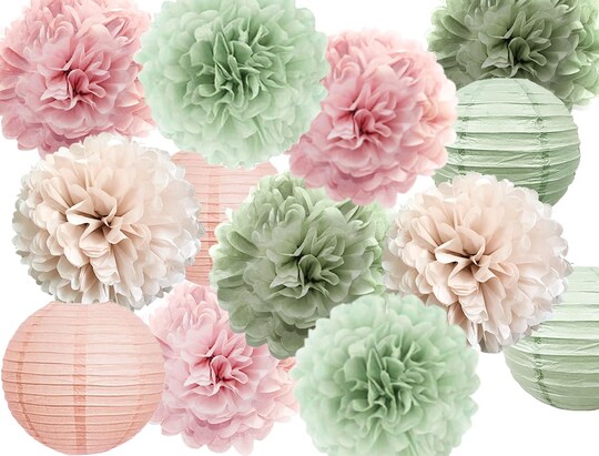 Citrus; Hanging Party Decorations - Tissue Paper pom poms and Lanterns Backdrop Decor for Engagement Wedding Birthday Bridal Shower Bachelorette (Sage Green + Rose Pink); Category:Ceiling Decorations; Image:1